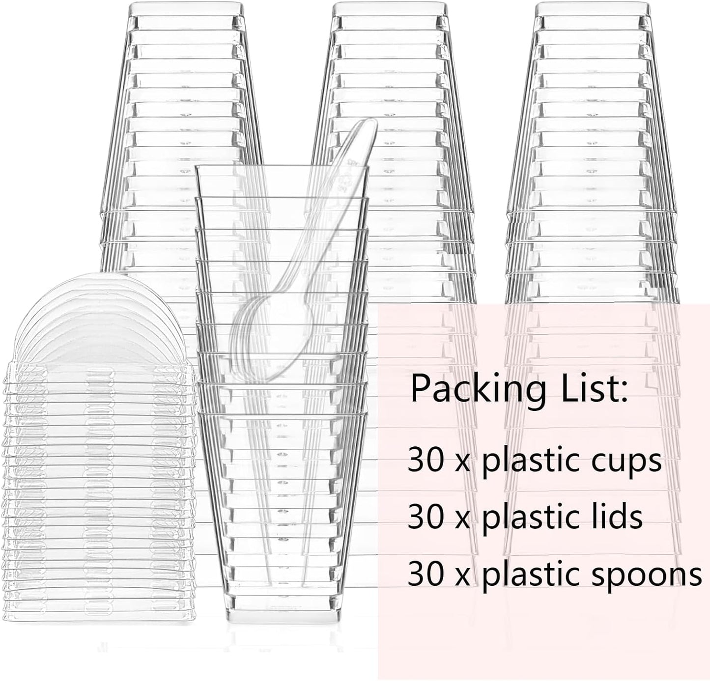 50Pack 5oz Plastic Dessert Cups with Lids and Spoons, Square Clear Parfait Appetizer Cups, Mini Reusable Shooter Serving Cups, Party Dessert Shot Glasses for Tasting