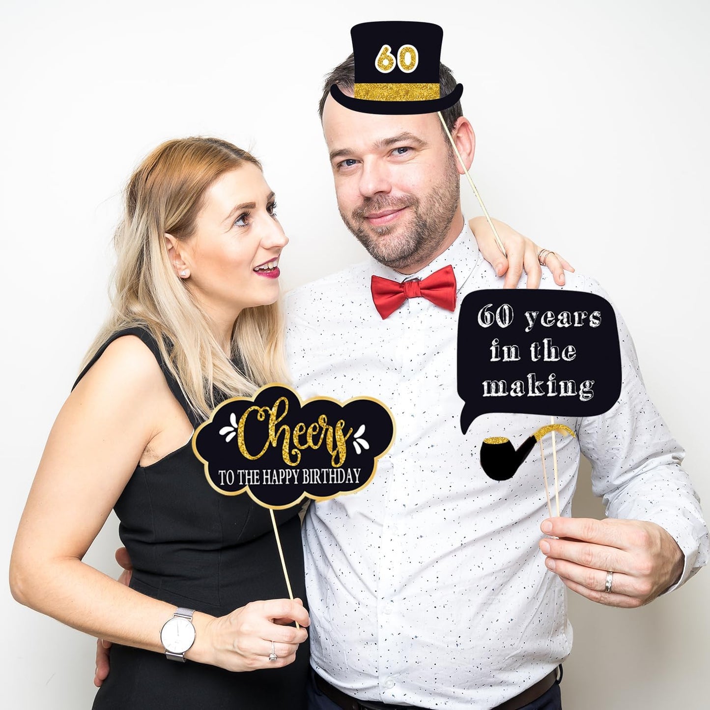 32pcs 60th Birthday Photo Booth Props for Men Women, 60 Birthday Selfie Props Kit, Classic Black Gold Happy 60th Birthday Party Supplies, Cheers to 60 Years Old Bday Decor