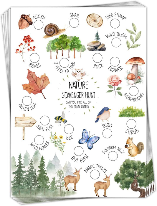 30 Pcs Nature Scavenger Hunt Cards, Find and Seek Camping Sheets, Woodland Themed Holiday Party Game Outdoor Activity for Family Friend -02
