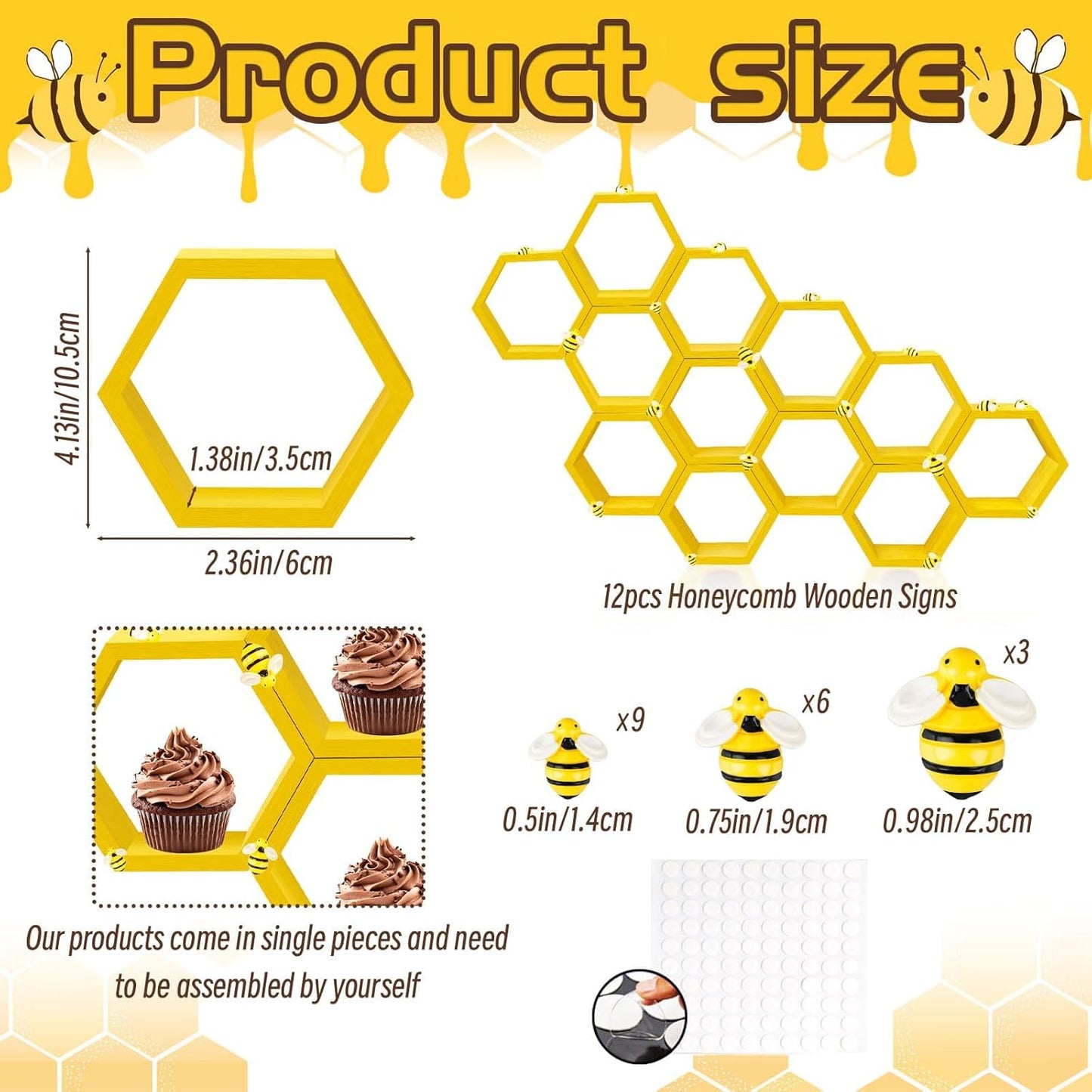 8 Pcs 4.13 Inch Honeycomb Cupcake Stand Cake Farmhouse Hexagon Display Holder Hexagonal Wood Cupcake Stand Floating Table Sign with Wooden Bee for Wedding Baby Shower Birthday Party Table Decorations