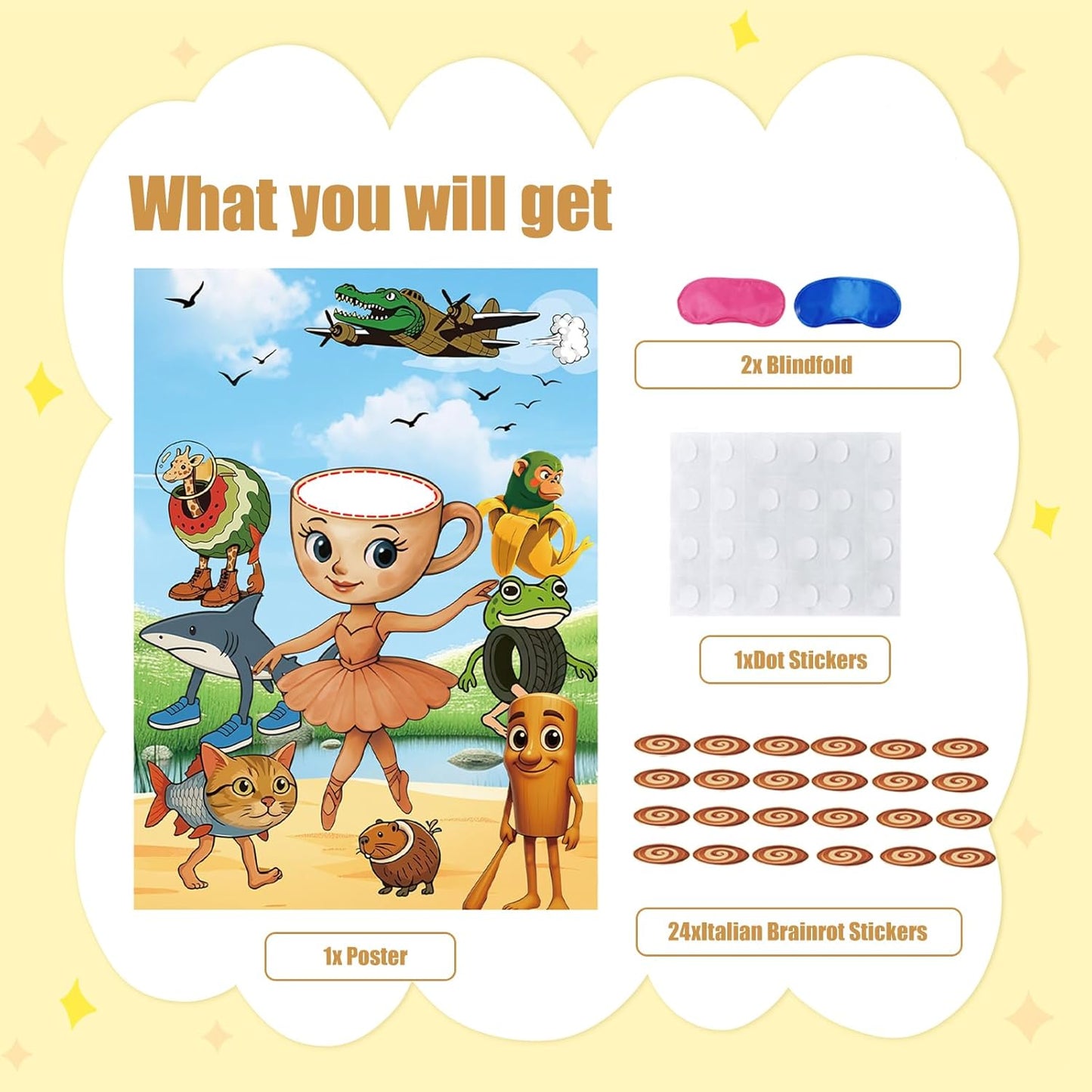 TJLMCORP Italian Brainrot Party Game, Pin the Tail Party Game Set With 24 Stickers and and 2 Blindfolds, Tralalero Themed Birthday Party Supplies, Brain Rot Party Decorations（Tung Tung Tung Sahur）