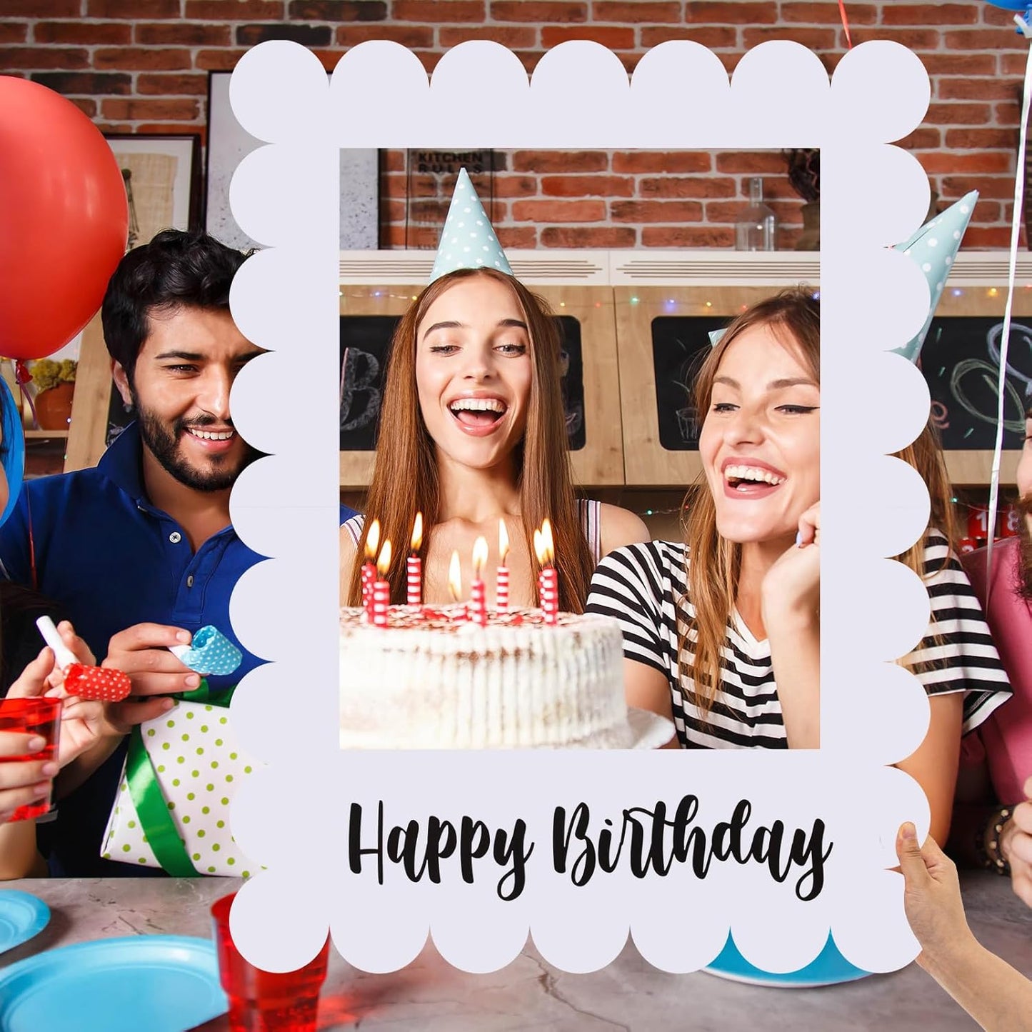 Beeveer 32 x 24 Inch Extra Large Happy Birthday Photo Booth Selfie Frame Props Picture DIY Cutouts Photo Backdrop Cardboard Props for Party Supplies Favors(Vertical,Shiny Gold)