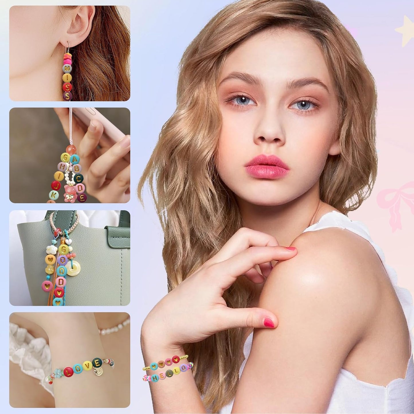 Amaney 1400pcs Glow Letter Beads, Heart Beads Whit Elastic Beading Cord,4x7mm Round Acrylic Alphabet Beads for Friend Bracelet Jewelry Making