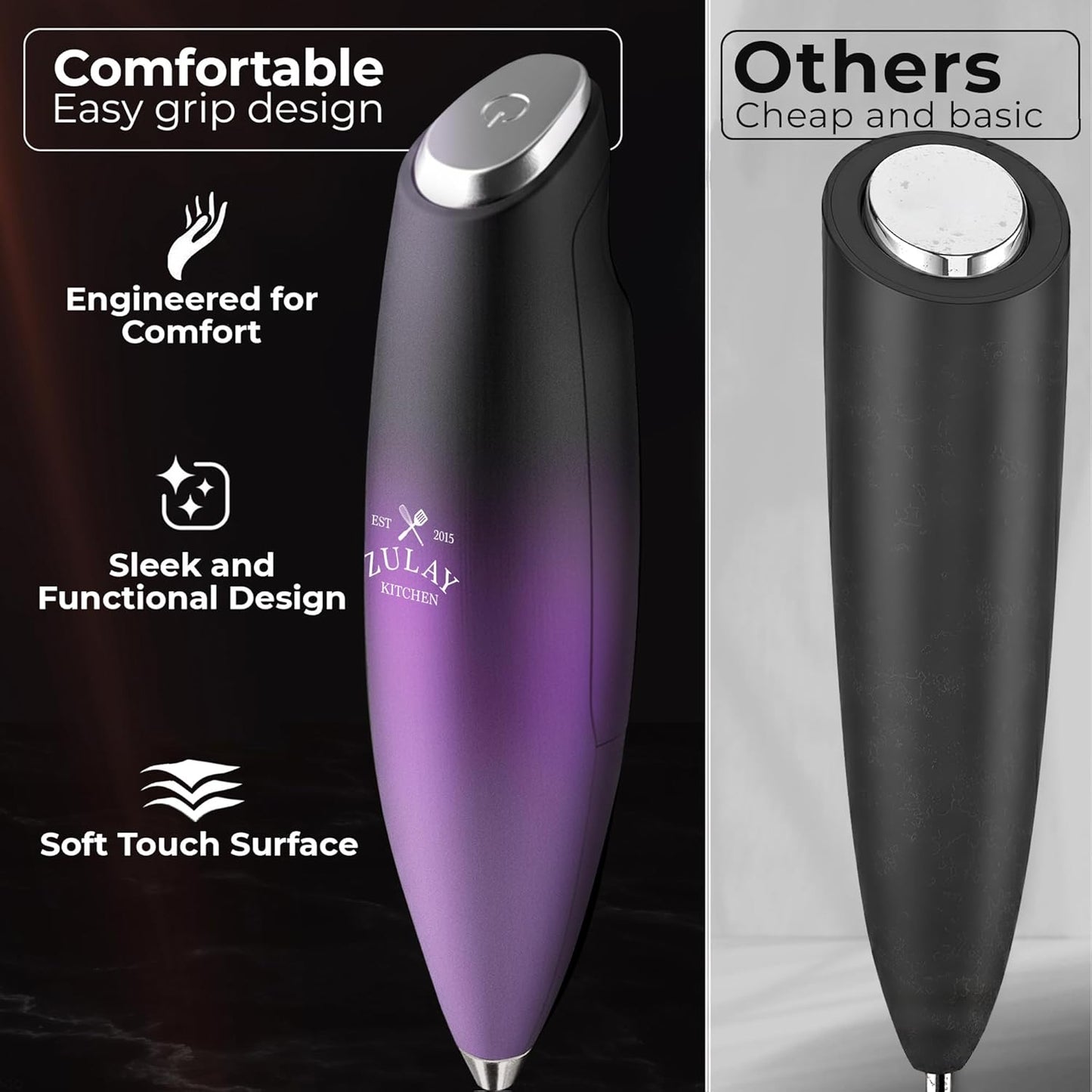 Zulay Kitchen Powerful Milk Frother Wand With Duracell Batteries - Ultra Fast Handheld Drink Mixer - Electric Whisk Foam Maker for Coffee, Lattes, Cappuccino & Matcha - Z1 Motor - Black - Colors C