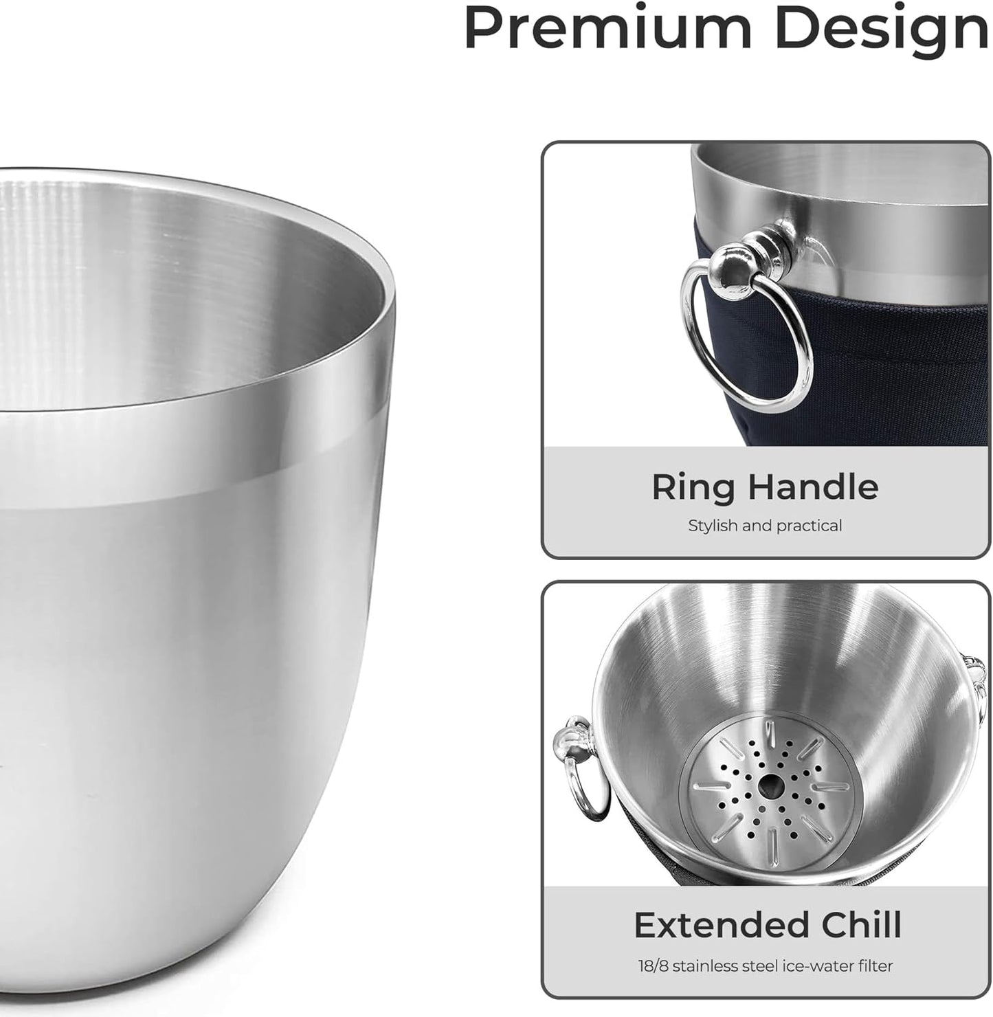 Fortune Candy Insulated Ice Bucket - Double Walled Stainless Steel Ice Bucket with Ice Tongs, Scoop, Lid, and Exclusive Handmade Nylon Holder - 2.8 L (Black)