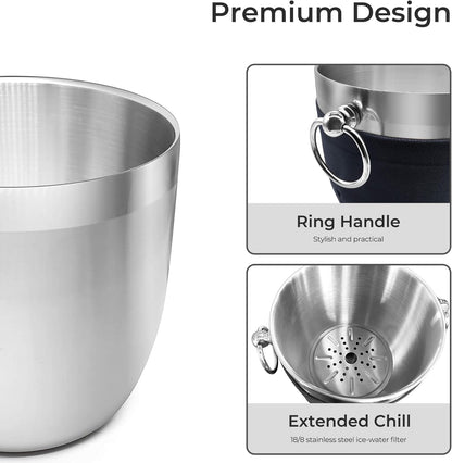 Fortune Candy Insulated Ice Bucket - Double Walled Stainless Steel Ice Bucket with Ice Tongs, Scoop, Lid, and Exclusive Handmade Nylon Holder - 2.8 L (Black)