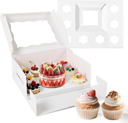 10 Packs Bento Cake and Cupcake Box 3 Holes Fit 2 Cupcakes and 1 Mini Cake Box with Clear Window and Stickers for Cake Cupcake Cookie or Easter and Mother’Day. (1+2/10pcs)