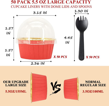 Cupcake Liners with Lids 50 Pack,LNYZQUS 5oz Large Foil Cupcake Cups Muffin Tins,Disposable Baking Cups Muffin Liners Wrappers Holders for Wedding Valentine-Pink in gold