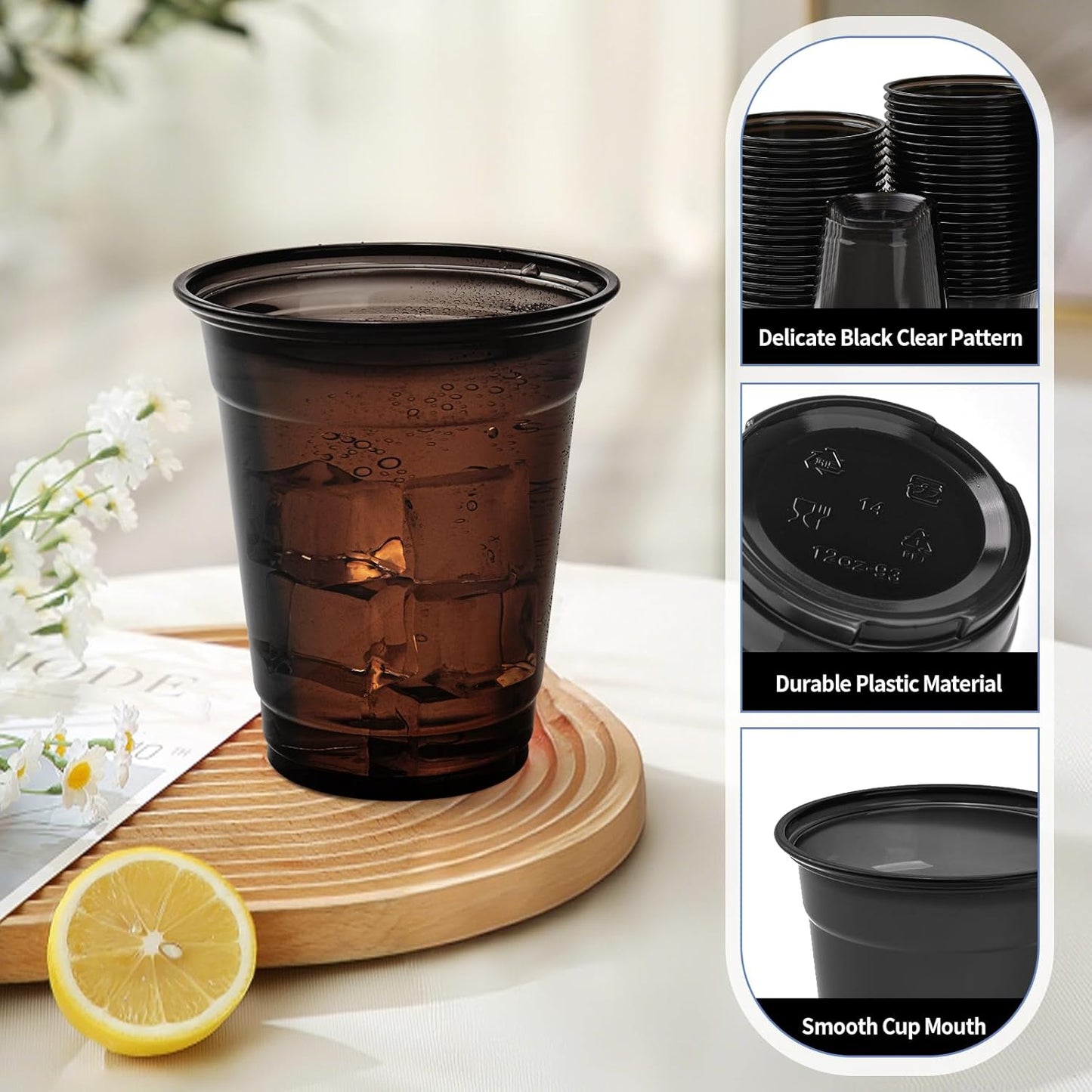 50 Pack Black Clear Plastic Cups 12 oz Disposable Drinking Cups for Wedding Black Birthday Party Supplies