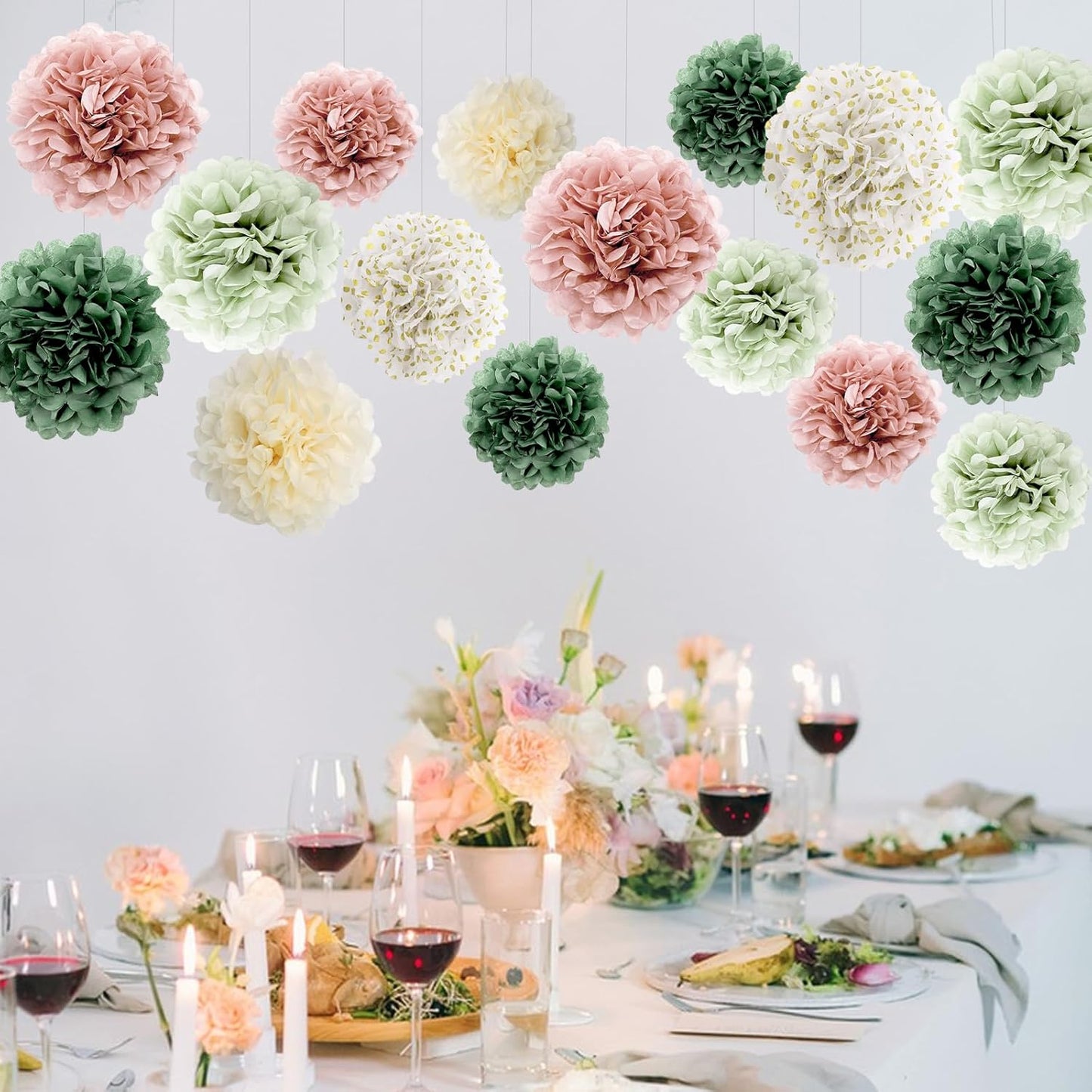 BestoFun 16 PCS Sage Green Party Decorations Tissue Paper Flowers Christmas Party Decors Hanging Pom Poms Decorations for Xmas New Year Winter Holiday Decorations