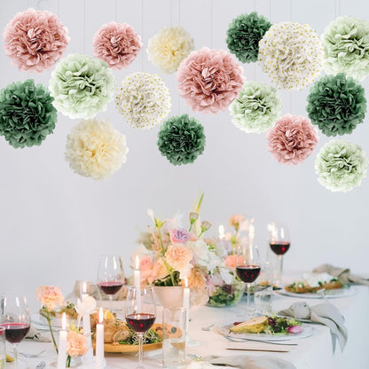 BestoFun 16 PCS Sage Green Party Decorations Tissue Paper Flowers Christmas Party Decors Hanging Pom Poms Decorations for Xmas New Year Winter Holiday Decorations