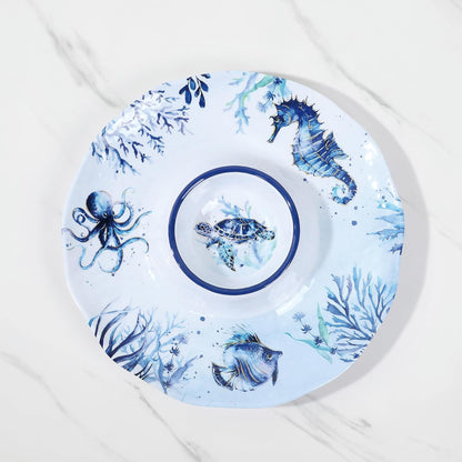 UPware Sea Life Melamine Chip and Dip Serving Tray, Round Serving Platter for Chips, Salsa, Fruit, and Snacks, Multicolor, 13.5 Inch