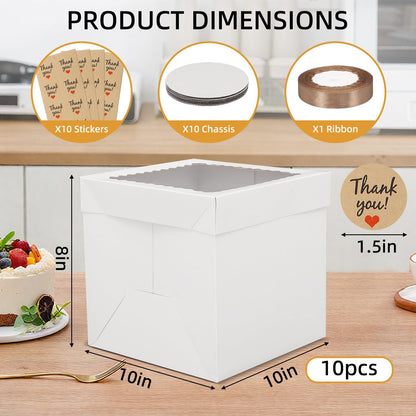 10 Pack Cake Boxes,Tall Cake Box with Window, White Bakery Boxes, 8x8x8 Inch Large Baking Boxes with Sticker, Cardboard Cake Box for Multi-Layer Cakes, Cake Decorating Supplies for Gift Giving