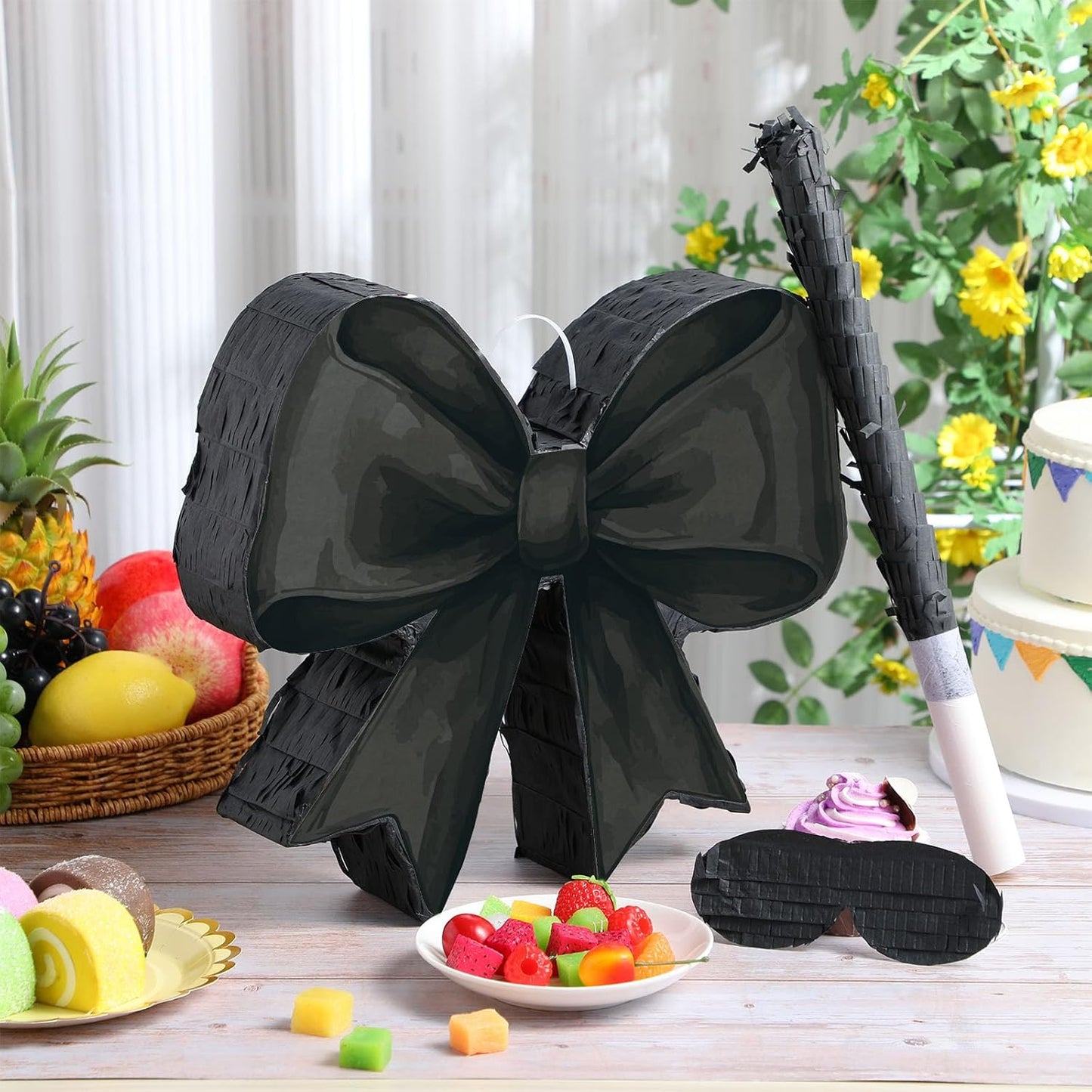 Threan Bow Piñata Bow Party Piñata with Bat Stick Blindfold Mask Coquette Birthday Centerpieces Decorations for Bridal Shower Wedding Anniversary Engagement Supplies (Purple)