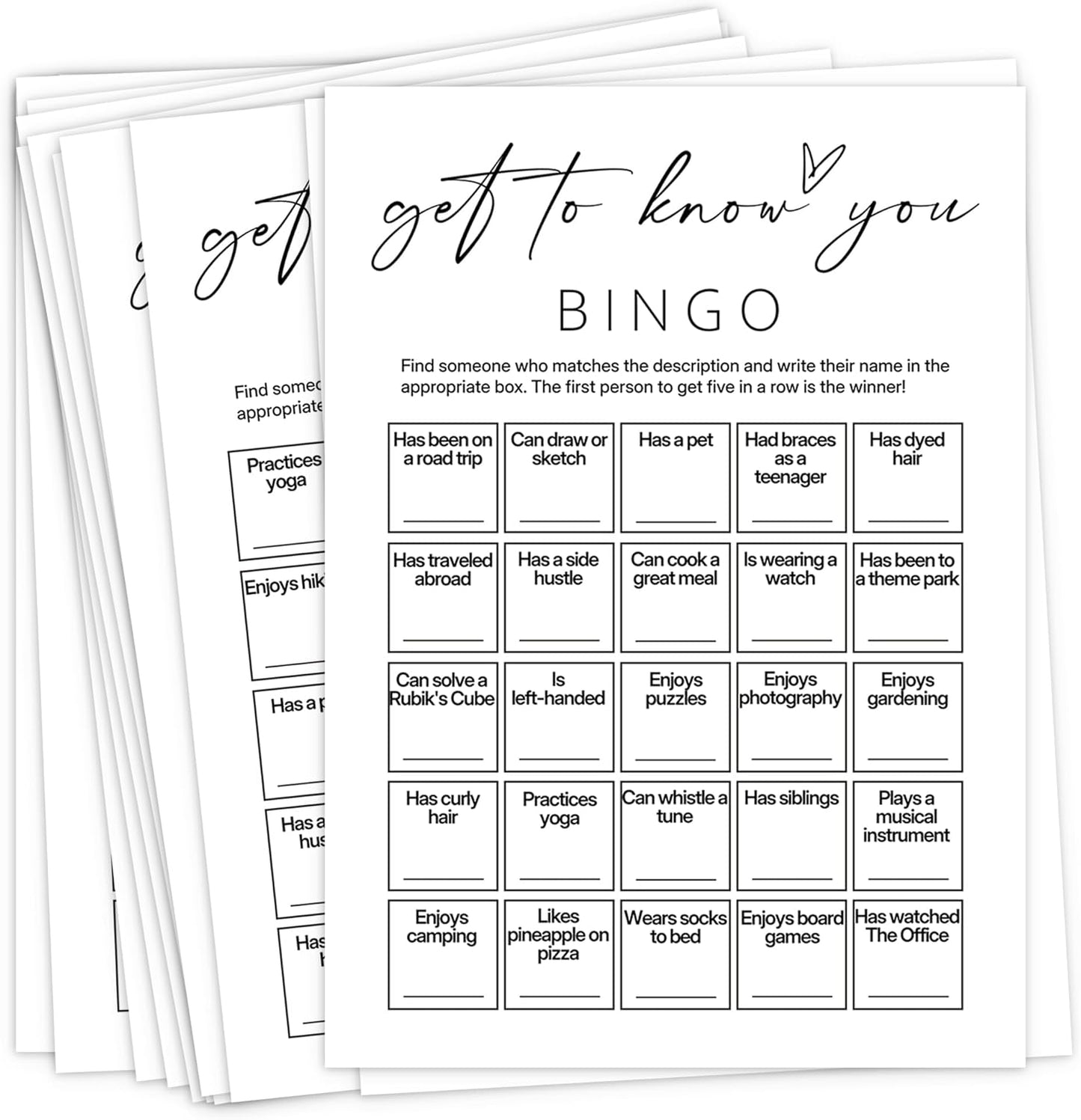 Team Building Games for Work Adults – Find Someone Who Bingo Game, 25 Unique Human Bingo Cards 5x7 Inch, Ice Breaker & Office Games for Parties, Meetings & Events - A05