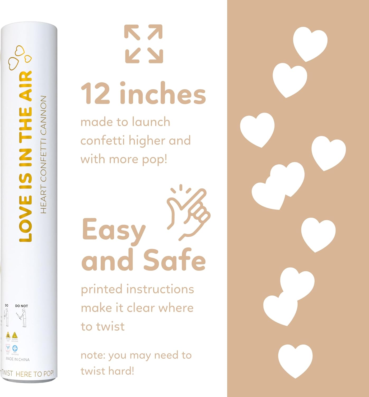White Biodegradable Heart Confetti Poppers Confetti Cannon | 6 Pack | Party Poppers Decoration for Valentine's Day, Wedding, Bridal Shower | Wedding Supplies Party Favors | 12 in | TUR Party Supplies