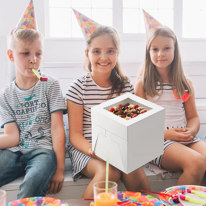 ZORRITA 4 Pack Cake Boxes, 8 x 8 x 8 Inches Tall Bakery Box with Window and Stickers, Disposable Cake Containers for Wedding, Birthday, Party