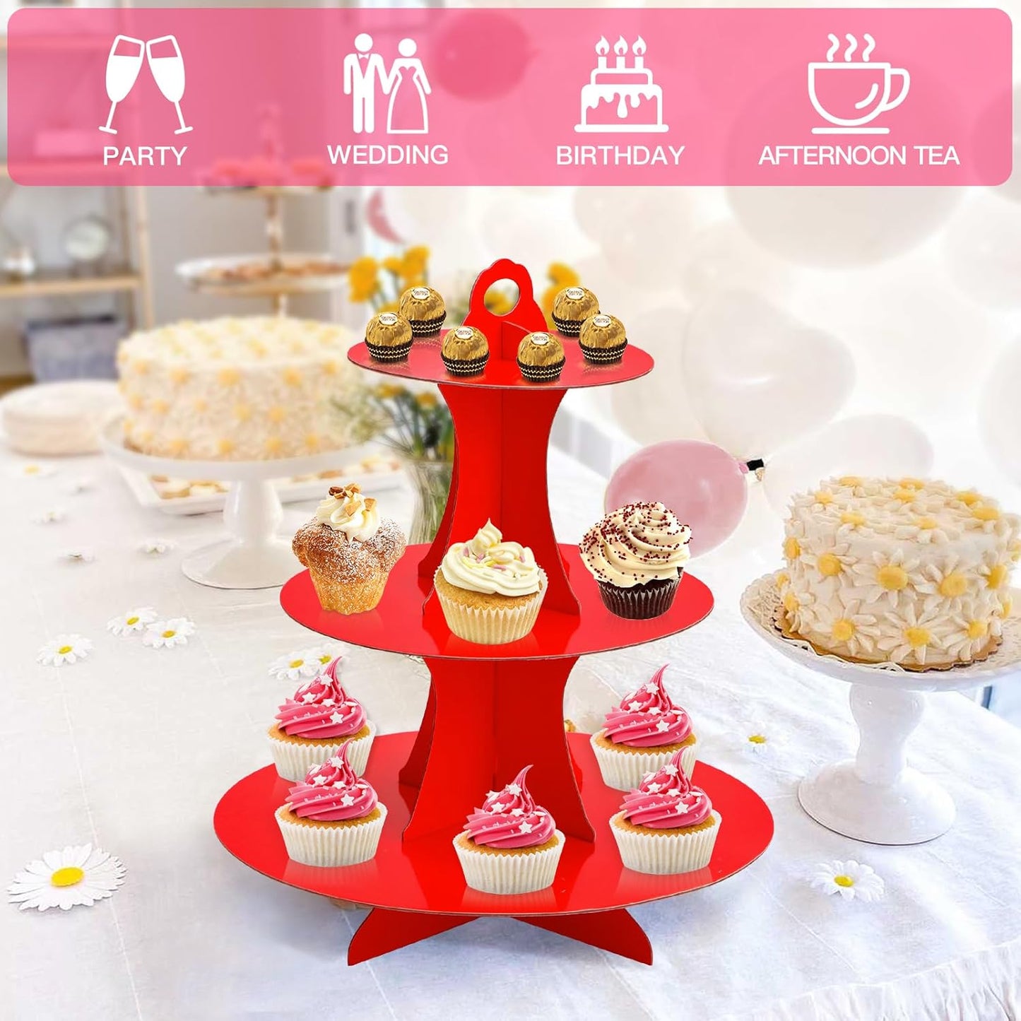 Soleebee 3-Tier Round Cupcake Stand, Cardboard Cupcake Tower, Dessert Cup Cake Stand Tower for Birthday Wedding Party Decoration, Cupcake Tier Stand 1 Set (Hot Pink)