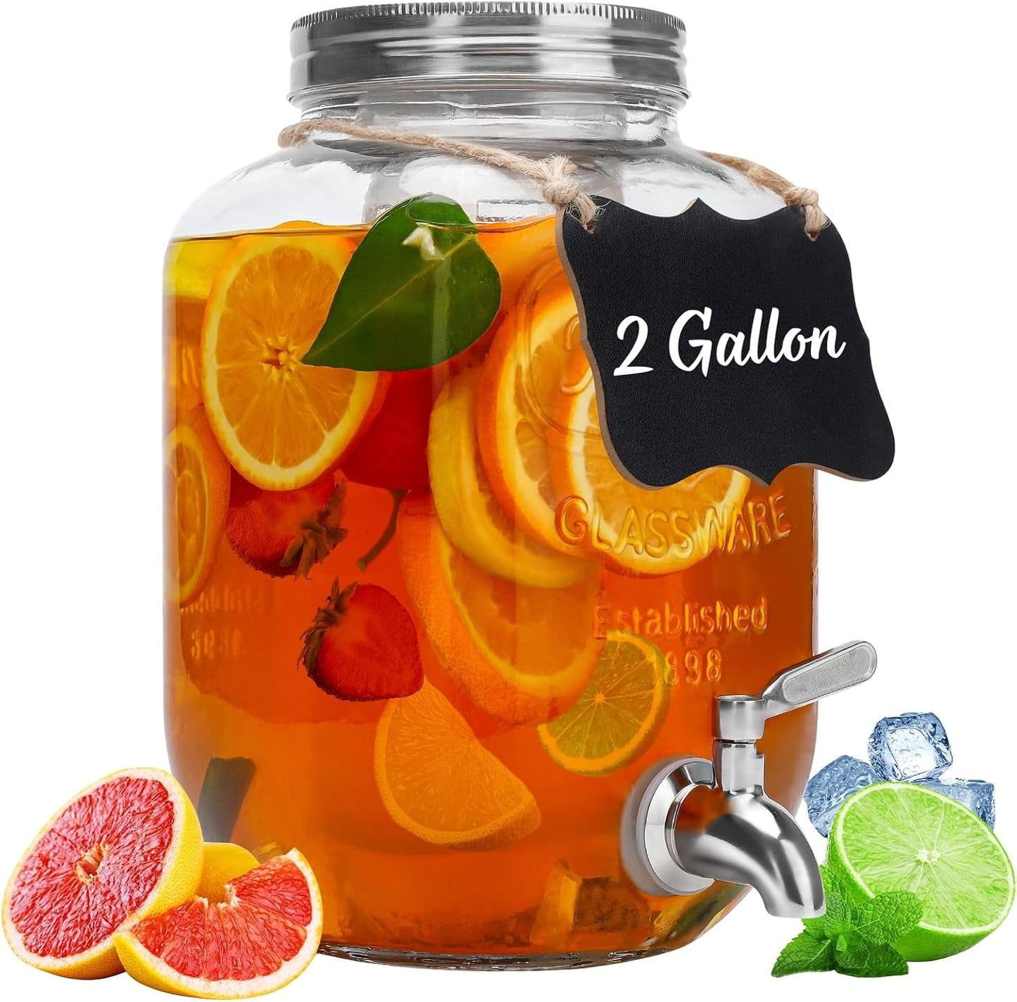 1 Gallon Glass Beverage Dispenser with Lid, Stainless Steel Spigot, Glass Drink Dispensers for Parties, Lemonade Dispenser With Ice Cylinder for Weddings, Party,Sun Tea Jar, Water Juice Dispensers