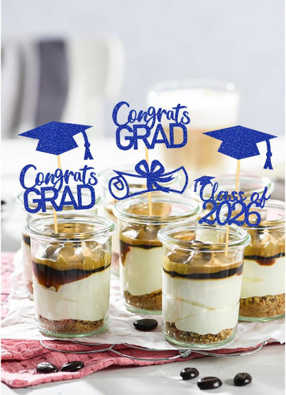 2026 Graduation Theme Cupcake Toppers Glitter Class of 2026 Graduation Cap Diploma Cupcake Picks - Set of 24 (Gold)