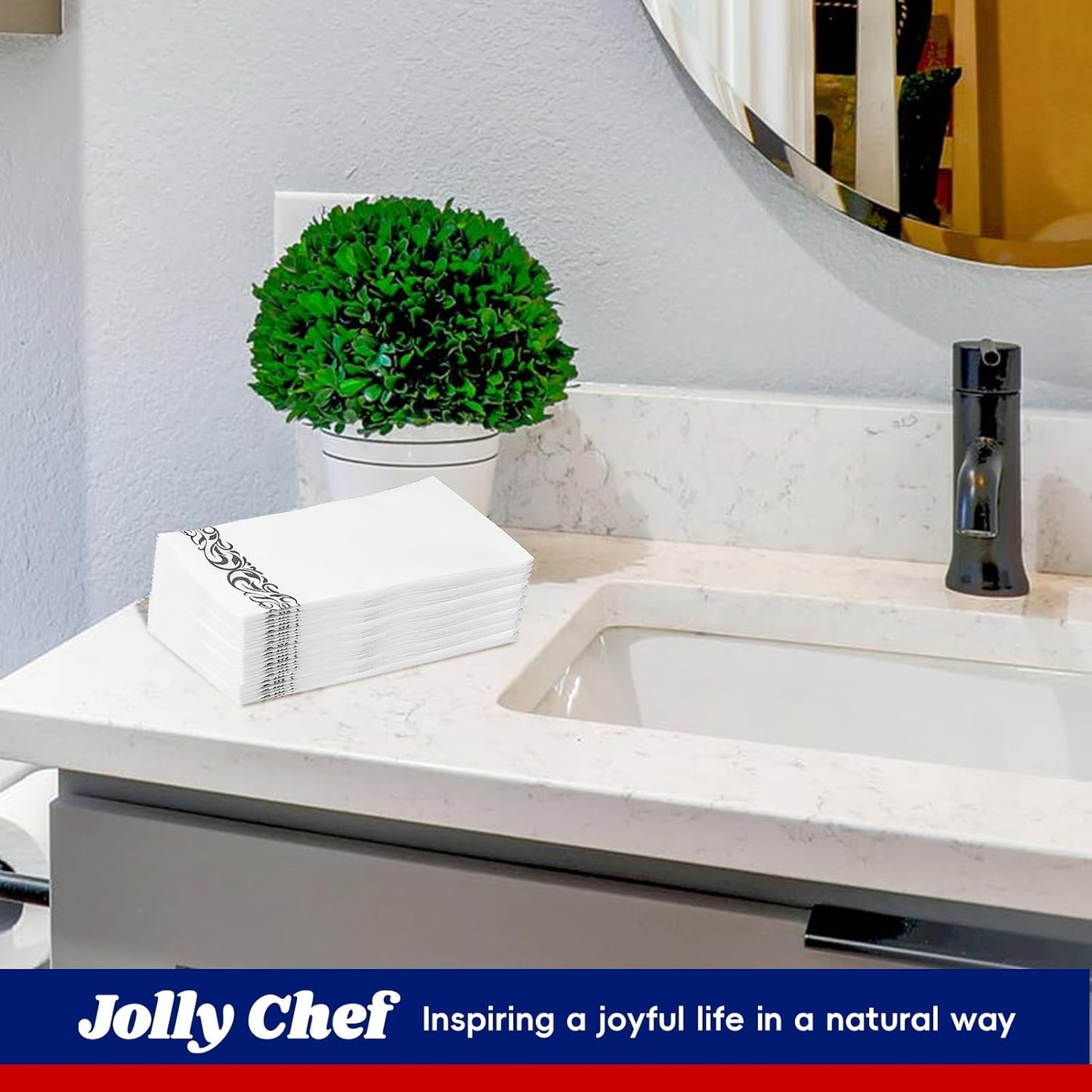 JOLLY CHEF 100 Disposable Hand Towels, Soft and Absorbent Linen Feel Dinner Napkin, Elegant Decorative Paper Guest Towels for Kitchen, Bathroom,Thanksgiving, Weddings,Parties, Gold and White