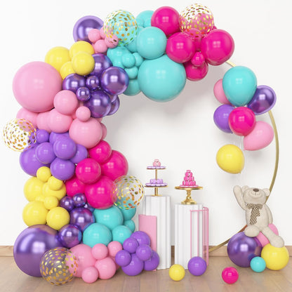 Amandir 153pcs Purple Blue Pink Balloon Garland Arch Kit, Different Sizes 18 12 10 5 inch Teal Yellow Latex Metallic Confetti Balloons for Magic Birthday Engagement Party Decoration