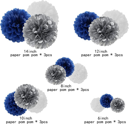 Navy-Blue White Silver Tissue Pom-Poms - 15pcs 5 Size Party Decorations Paper Flowers,Graduation Wedding Baby Bridal Shower Room Hanging Decorations Boy Birthday Party Backdrop Decor Panduola