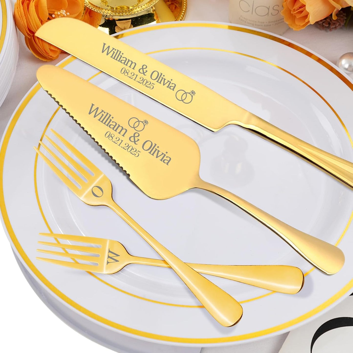 Personalized 4 Piece Cake Cutting Set for Wedding - Custom Cake Knife and Server Set with Forks, Cake Cutter Set Ideal for Wedding Anniversary Bridal Gifts (Silver)