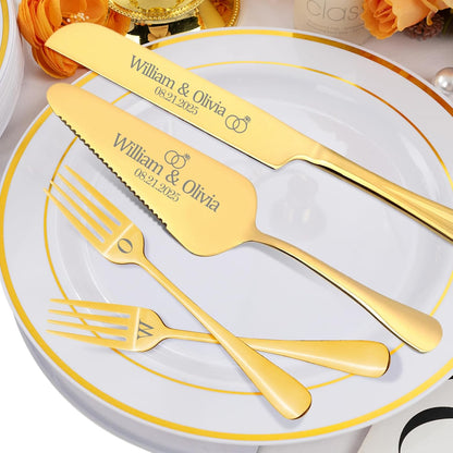 Personalized 4 Piece Cake Cutting Set for Wedding - Custom Cake Knife and Server Set with Forks, Cake Cutter Set Ideal for Wedding Anniversary Bridal Gifts (Silver)