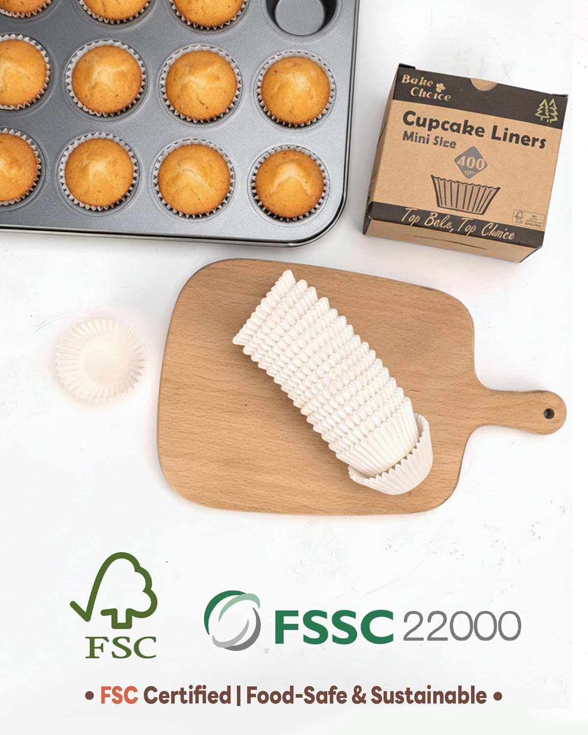 Bake Choice Non-Stick 400pcs Mini Cupcake Liners for Baking, Natural parchment muffin liners for Mini Muffin Pan, Cupcake Pan, Food Grade, Non Stick, Greaseproof