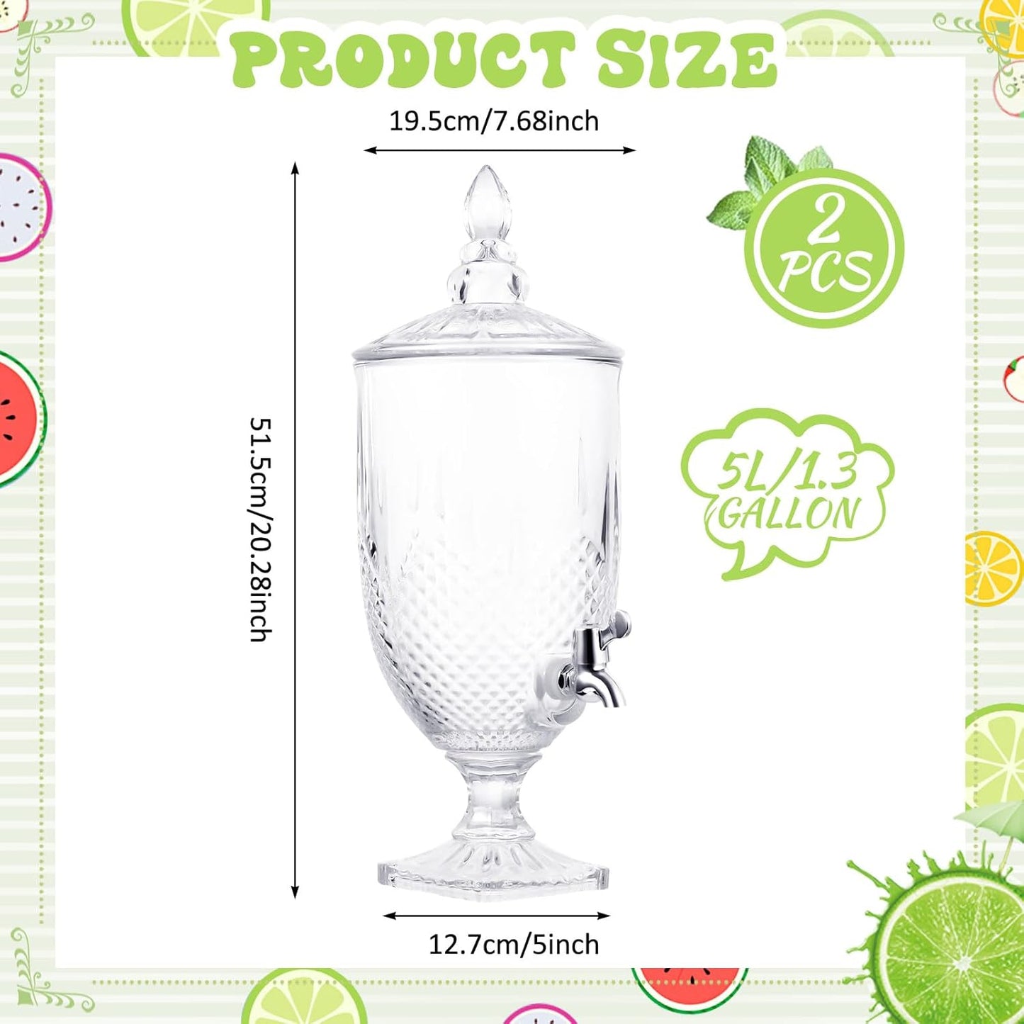 Bokon 2 Pieces Drink Dispensers for Parties Crystal Iced Beverage Dispenser with Stand and Spigot, Glass Liquid Containers Wide Mouth Beverage Server for Juice Tea Wedding (Exquisite)