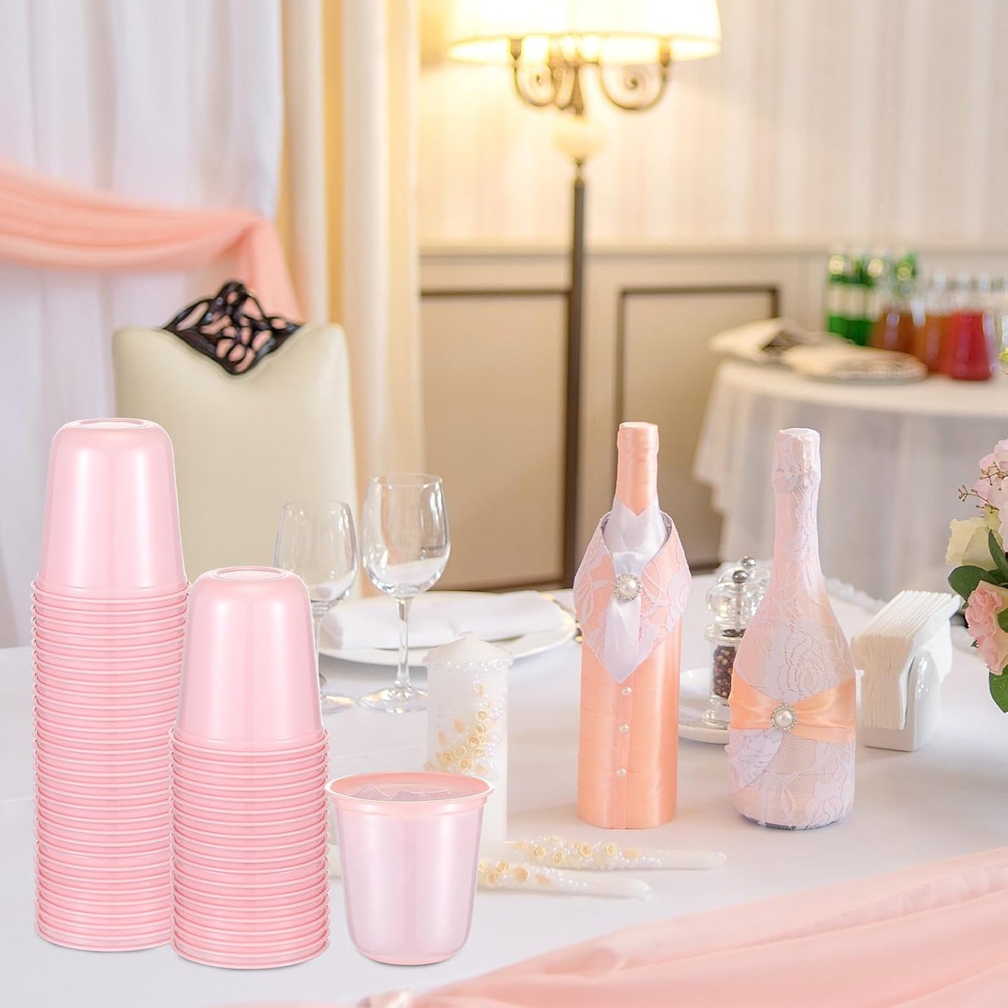 Ziliny 50 Pcs Disposable Stemless Glasses 12oz Crystal Plastic Wine Glasses Clear Classic Pet Cup for Meeting Weddings Birthdays Cocktail Christmas Party Supplies (Pink)