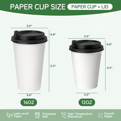 Coffee Cups 16 oz 200 Pack, Disposable Paper Cups for Hot Beverage Drinking, White Hot Cups Suitable for Party, Picnic, Travel, and Events