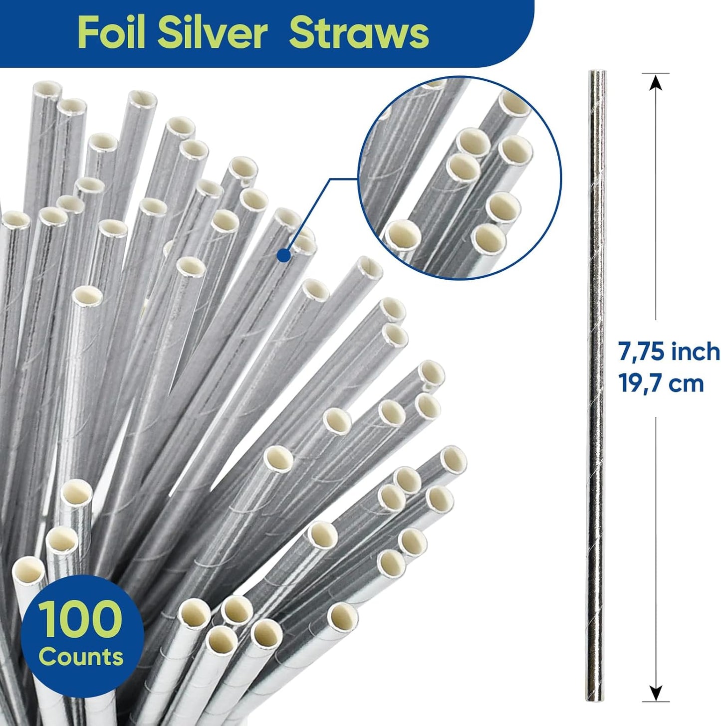 Disposable Paper Straws Solid Green - 7.75'' x 0.24'', 100 Counts - for Drinking, Beverage, Juice, Soda, Bar Supplies