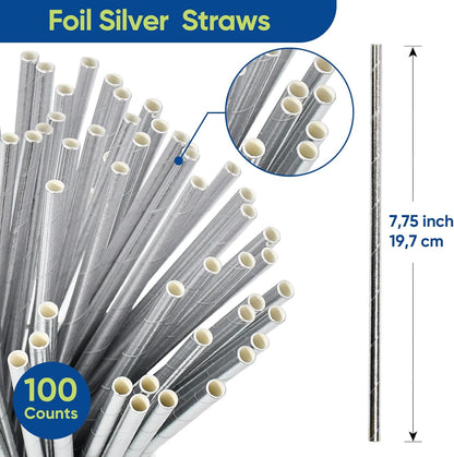 Disposable Paper Straws Solid Green - 7.75'' x 0.24'', 100 Counts - for Drinking, Beverage, Juice, Soda, Bar Supplies