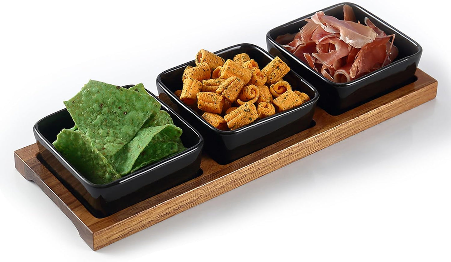 3 Pack Chip & Dip Serving Set with Wooden Tray, Oven Safe Bowls for Parties, Hosting Gifts, Cranberry/Soy Sauce Dish & Entertaining Essentials
