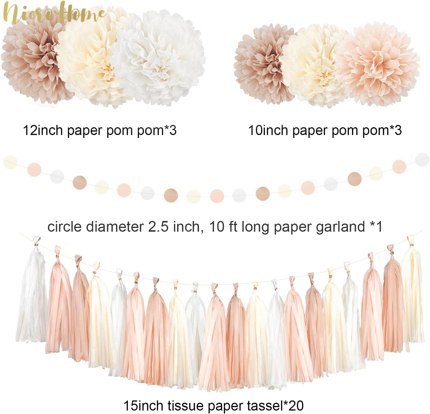 NICROHOME EUR Boho Wedding Decorations, 28PCS Rustic Neutral Creamy White Tissue Paper Pom Poms Tassel, Dots Paper Garland Decor Packages for Baby Shower Birthday Bridal Shower Party Table