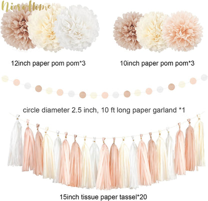 NICROHOME EUR Boho Wedding Decorations, 28PCS Rustic Neutral Creamy White Tissue Paper Pom Poms Tassel, Dots Paper Garland Decor Packages for Baby Shower Birthday Bridal Shower Party Table