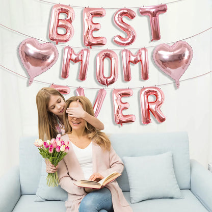 Rose Gold Best Mom Ever Balloons,16 Inch Mom Balloon Letters for Mother Birthday Mother's Day Decorations