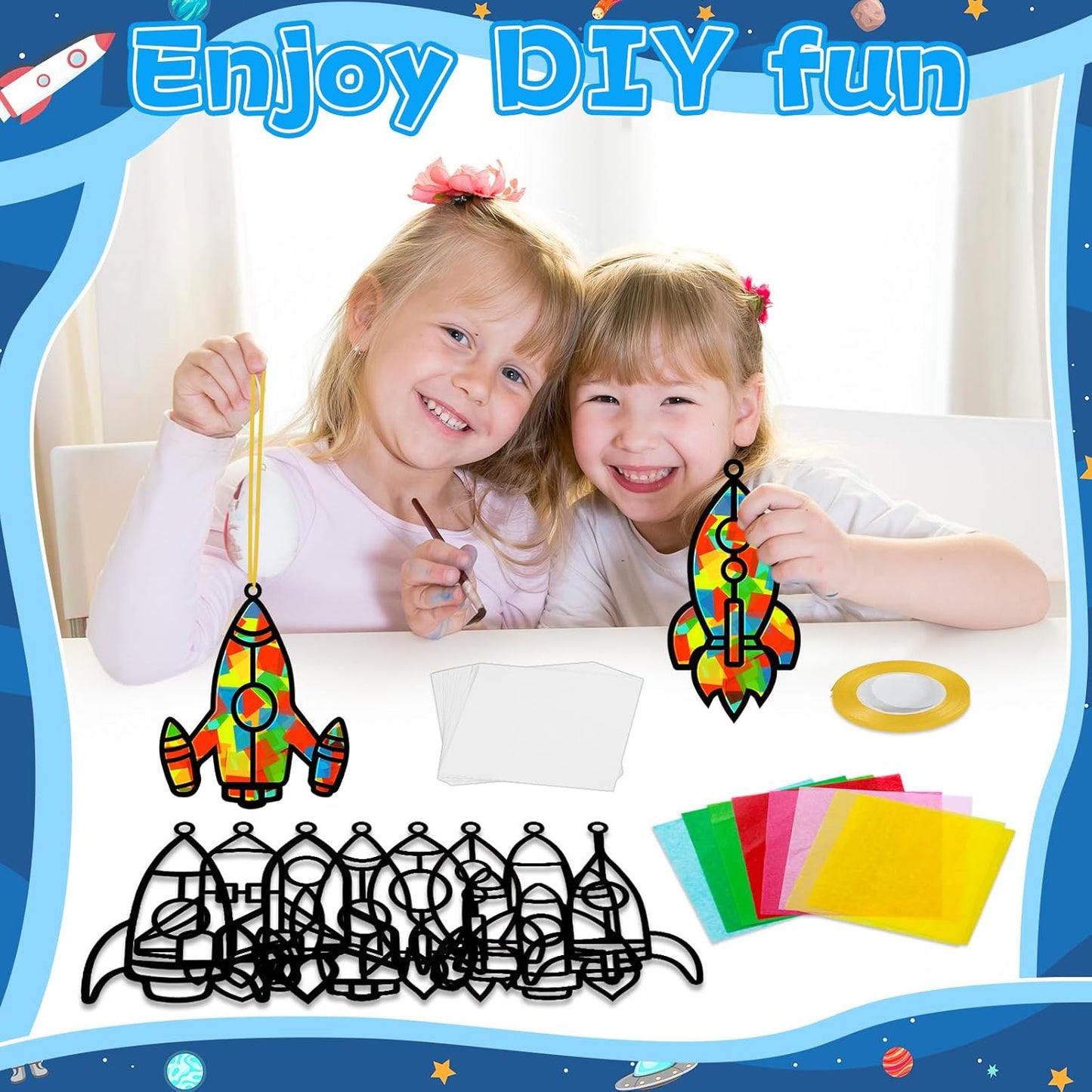QOUBAI 32 Sets Stars Suncatchers Craft Back to School DIY Stained Glass Window Patriotic 4th of July Paper Craft Home School Classroom Decor Kid Birthday Gift Creative Art Activity Game - Colors A