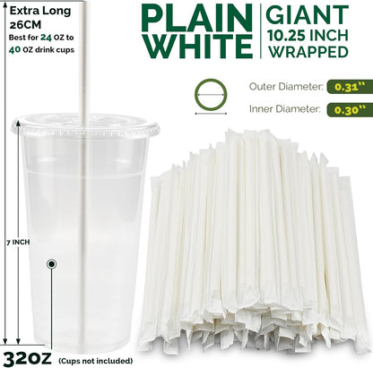 [300 Pack] Biodegradable 10 Inch Long Giant Paper Drinking Straws 8mm Wide - Individually Wrapped, Plain White