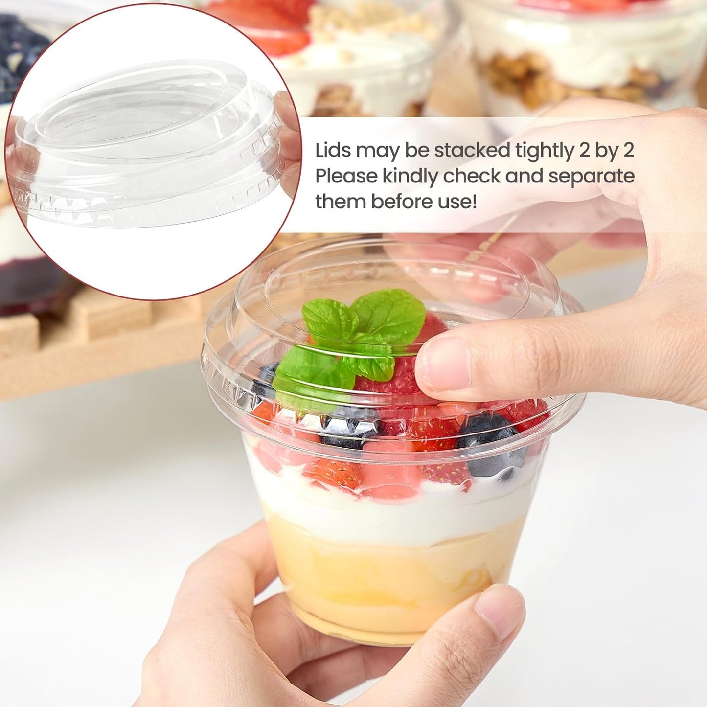 50 Pack 6 oz Plastic Dessert Cups with Lids, Small Plastic Yogurt Parfait Cups, Mini Round Party Serving Cup for Pudding, Fruit, Cake, Appetizer, Dessert Shot Glasses