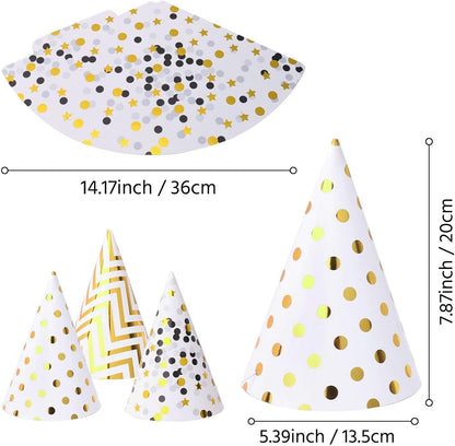 Boieo Party Hats Birthday Cone Set Gold Polka Dot Striped Paper for Adults Kids Happy Birthday Party Decorations 12 Pcs