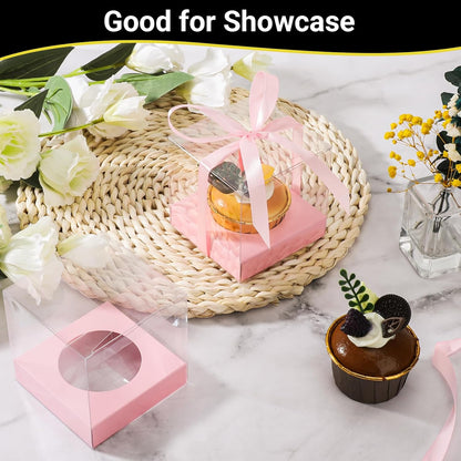 EUSOAR Individual Cupcake Holder, 50pcs 3.5 Inch Plastic Black Cupcake Containers with Lids, Single Transparent Display Clear Cupcake Carrier with Ribbon and Inserts for Wedding Party Favor
