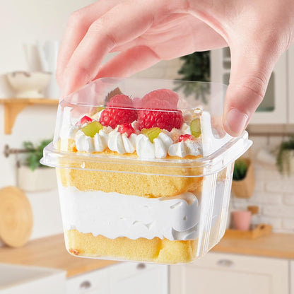 Kucoele 50 Pack 8 oz Plastic Dessert Cups with Lids and Sporks, Clear Square Cake Cups Dessert Containers for Pudding Parfait Fruit Yogurt and Shortcake