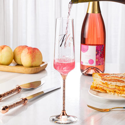 Wedding Cake Knife and Server Set, Mr and Champagne Flutes with Wedding Cake Cutting Set for Bride and Groom Toasting (Clear)