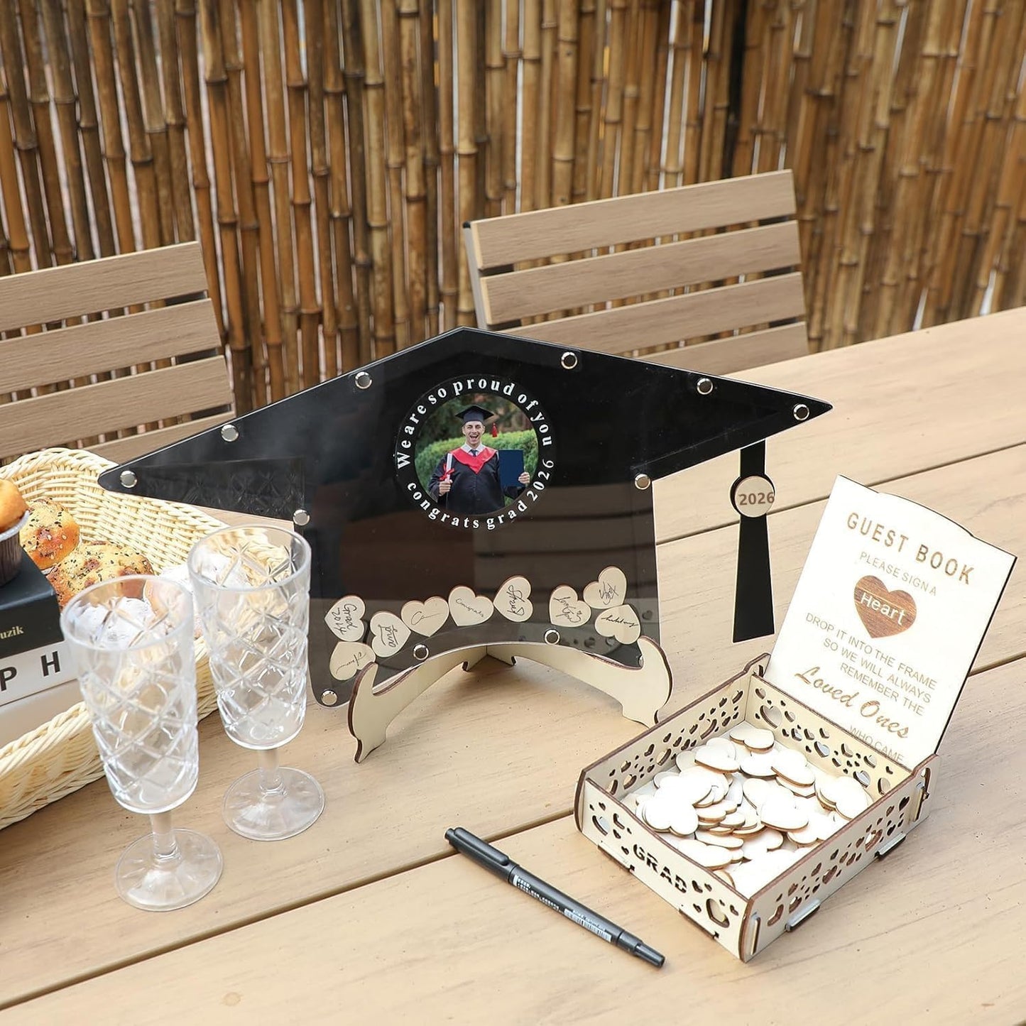 Fonder Mols 2026 Graduation Guest Book Alternative Black, Sign Book Keepsake Memory Frame for Graduation Decorations Class of 2026, Unique Graduation Gifts for Her Him (Shabby Chic, Black)