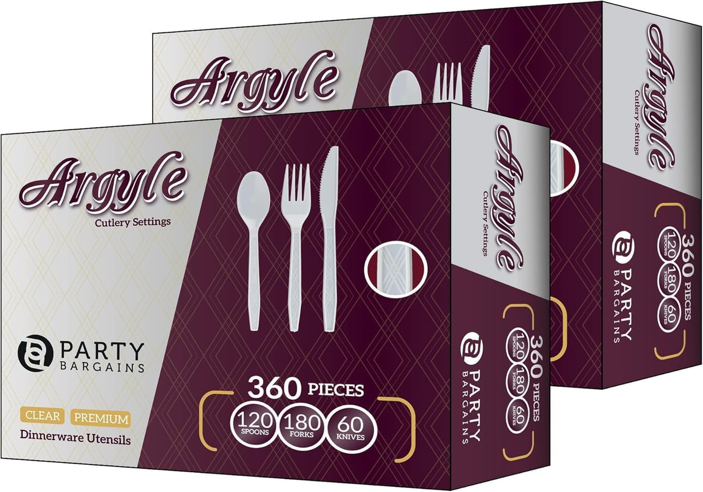 Party Bargains Disposable Cutlery set, SAPPHIRE Design, Clear Color, 360 Pieces: 180 Forks, 120 Spoons, 60 Knives