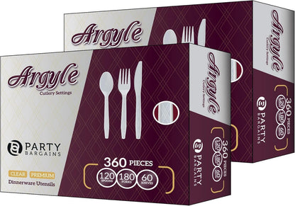 Party Bargains Disposable Cutlery set, SAPPHIRE Design, Clear Color, 360 Pieces: 180 Forks, 120 Spoons, 60 Knives