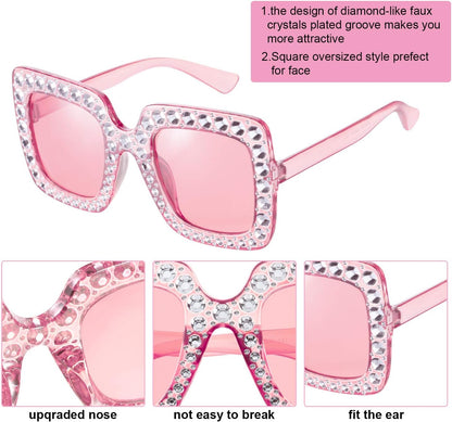 Frienda 6 Pairs Rhinestone Oversized Square Sunglasses 70s Women Dazzled Sunglasses for Disco Party Concert Photo Props